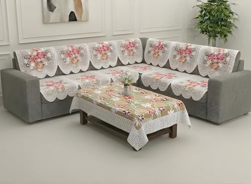 Image of Fab Nation Sofa Cover L Shape 7 Seater with Corner L Type Fully Covered Sofa Set for Living Room | Cotton Sofa Slipcovers for 4 + 3 Seaters Cover with 1 Table Cover | Yellow Diamond