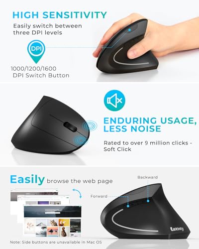 Lekvey Ergonomic Mouse, Vertical Wireless Mouse: Rechargeable Optical Carpal Tunnel Mice with 2.4G USB Receiver, 1000/1200 / 1600 DPI, 6 Buttons, for Laptop, Computer, PC, Desktop, Notebook, Black