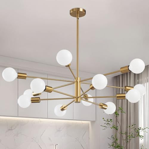 RUIYEY Modern Sputnik Chandeliers Light, 12-Light Gold Gold Dining Room Chandelier Over Table, Height Adjustable Industrial Semi Flush Mount Mid Century Chandelier for Kitchen Island Living Room
