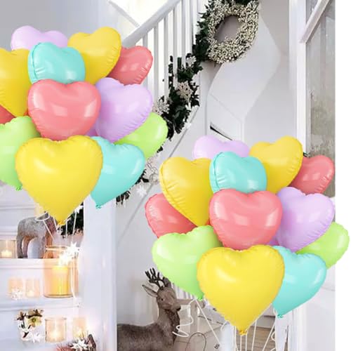 Image of 5 Colors Heart Balloons,18 Inch Color of Macaron Foil Mylar Love Heart Shaped Balloons for Anniversary Wedding Engagement Celebration Birthday Party Baby Shower Decorations(12Pcs)