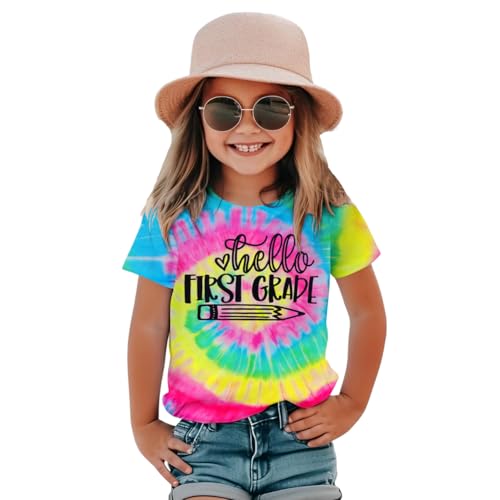 Image of KEKEMI Kid Girls First Day of School Shirt Hello Kindergarten First /Second /Third Grade Tshirt Back to School Tees Tops 4-10Y