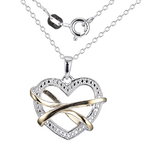 18K Yellow Gold Plated .925 Sterling Silver Two-Tone Open Heart with Ribbon Pendant Necklace, 18