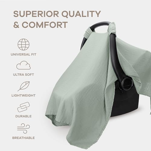Image of Comfy Cubs Baby Car Seat Cover - Soft, Breathable Bamboo Rayon and Muslin Cotton Blend - Lightweight Canopy for Sun, Bug, and Comfort Protection - Large Size Infant Seat Cover in Fern Design