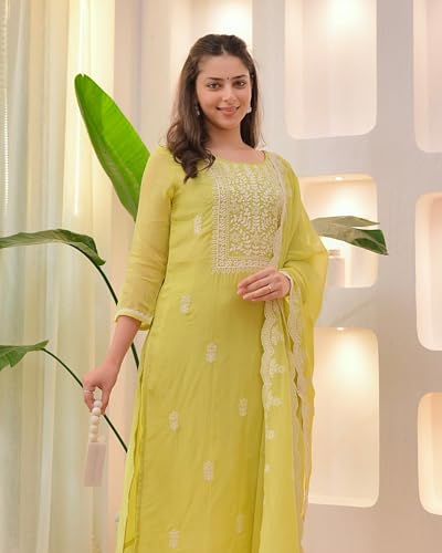 Image of LookMark Women's Chanderi Chikankari Kurta Set with Dupatta Kurti with Pants Ethnic Traditional Outfit