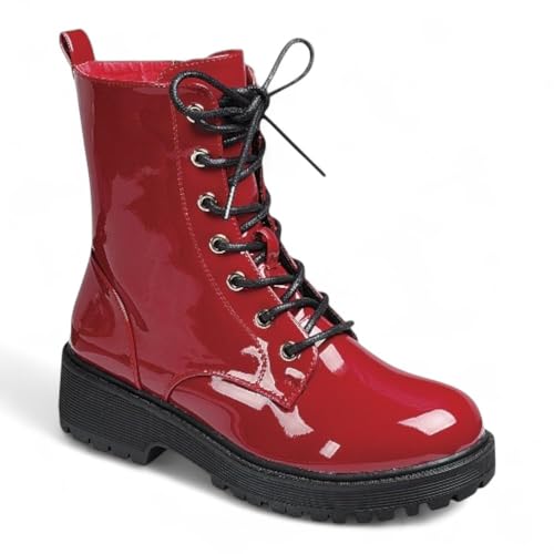 Forever Link Womens Combat Ankle Boots Lace-up Short Booties with Lug Sole and Side Zipper Chief-88 Red Patent 8