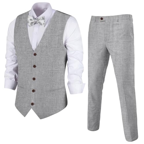 Men's Linen 2 Piece Suit Slim Fit Wedding Groomsmen Tuxedos Summer Beach Prom Vest Pants Set