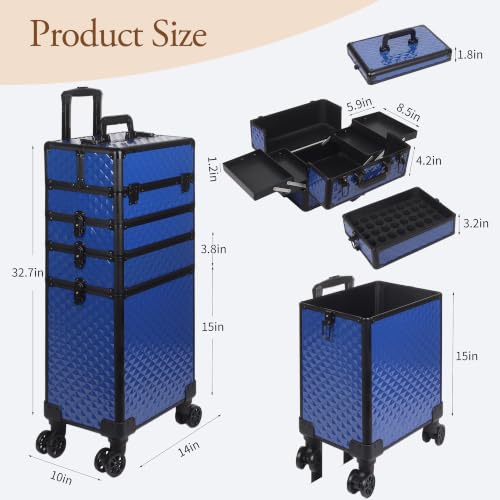 Image of 5 in 1 Rolling Makeup Train Case Professional Cosmetic Trolley Large Storage Organizer on Wheels for Hairstylist Artist Nail Beauty Salon Barber Blue