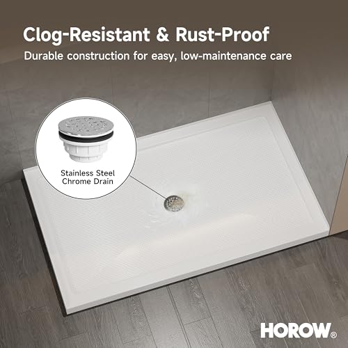 Image of HOROW 60 inch x 36 inch Shower Base, Center Drain Shower Pan, Low Profile Acrylic Base with Reinforced Fiberglass, Non-Slip Surface, Stainless Steel Drain Cover, Leak-Resistant for Bathroom