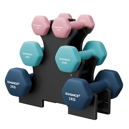 SONGMICS Mancuernas, Juego de Mancuernas Hexagonales con Soporte - 2 x 1 kg, 2 x 2 kg, 2 x 3 kg, Acabado Vinilo, Pesas para Gimnasio en Casa, Rosa, Agua y Azul SYL612MK