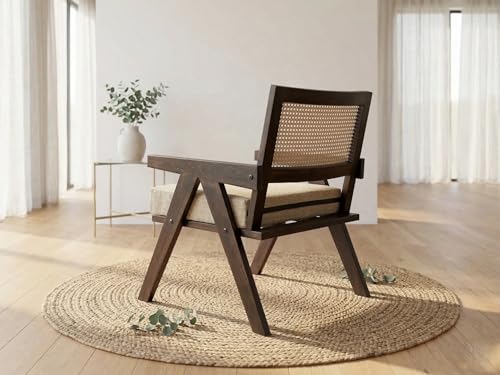 Image of WELL KNOWN Solid Sheesham Wood & Cane Chair Wooden Rattan Arm Chair | Dining Chair for Living Room, Bedroom, Indoor, Outdoor & Home | Walnut Finish