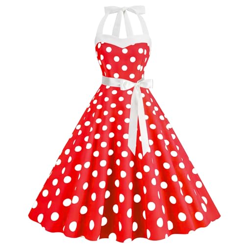 Woblesal Vintage Polka Dot Party Dresses A-Line Halter Neck Swing Dress with Belt Audrey Hepburn 50's 60's Party Costume Gown