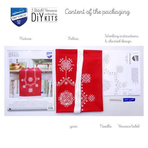 Image of Vervaco Stamped Cross Stitch Table Runner Kit for Christmas Snowflake Aesthetic Holiday Embroidery Set ca. 12 inch x 42 inch DIY Home Decor Art and Craft Supply Creative Gift for Crafters