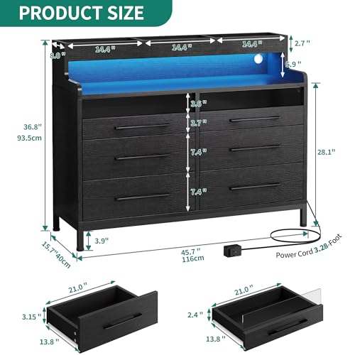 YITAHOME 6 Drawer Dressers & Chests of Drawers with LED Light, Modern Dresser with Open Shelf Storage for Room, Entryway, Hallway, Black