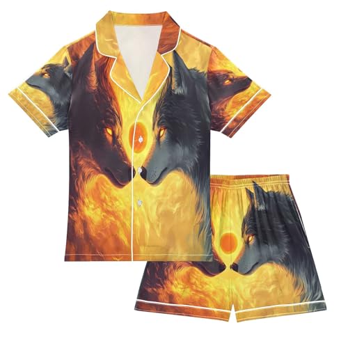 ALAZA Wolf Moon Animal Fire Satin Pajamas Set Short Sleeve Button Down Sleepwear Summer Pjs 2 Piece