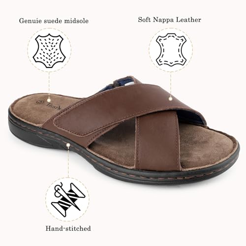 Image of Mens Adjustable Slides Cross Napa Leather Open Toe Sandals Soft Memory Foam Slip On Sandlas Classic Dress Slides Summer Beach Comfy Slippers Rubber Non Slip Sole Brown EU46 /US13
