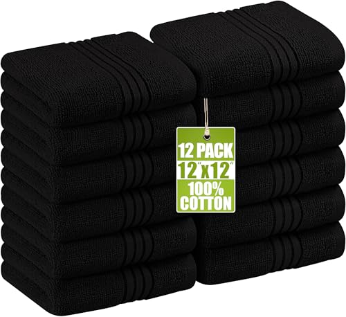 Utopia Towels 12 Pack Premium Wash Cloths Set, 12 by 12 Inches, 100% Cotton Ring Spun, Highly Absorbent and Soft Feel Washcloths for Bathroom, Spa, Gym, and Face, Black