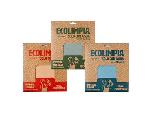 Ecolimpia - Pack de 3 Bayetas de Microfibra Surtidas | Limpieza Solo con Agua | Fabricadas en España | Certificadas OEKOTEX y FSC | Reutilizables y Ecológicas | Sin Rastros ni Pelusas (Surtido)