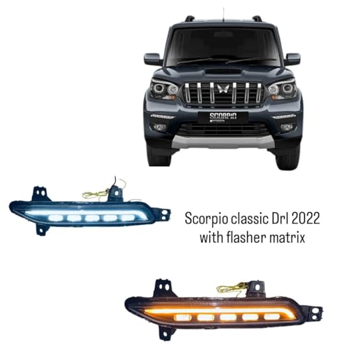 Image of DDA ENTERPRISES DRL /FRONT BUMBER Led FOG LIGHT Imported Compatible For Scorpio Classic 2022 ONWARDS Model 2Pcs With Matrix Indicator Scanning & Red And Blue Flasher IMPORTED DRL 5 FUNCTION