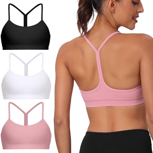 Image of Raxnode 3 Pack Women's Y-Back Sports Bra, Thin Spaghetti Strap Yoga Bralette with Removable Cups, Low Impact Wireless Bra