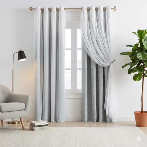 Image of Amzdecor Gray White Ombre Full Blackout Curtains with Sheer Overlay 84 Inch | Mix & Match Double Layer Thermal Insulated Drapes,Grommet Window Treatment for Living Room Boys Bedroom Nursery,2 Panels,52 inchW