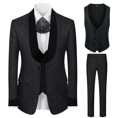 Jacquard Suit for Men 3 Piece Regular Fit Suit Floral Pattern Blazer Jacket Vest Pants Men Suit Set for Wedding Prom