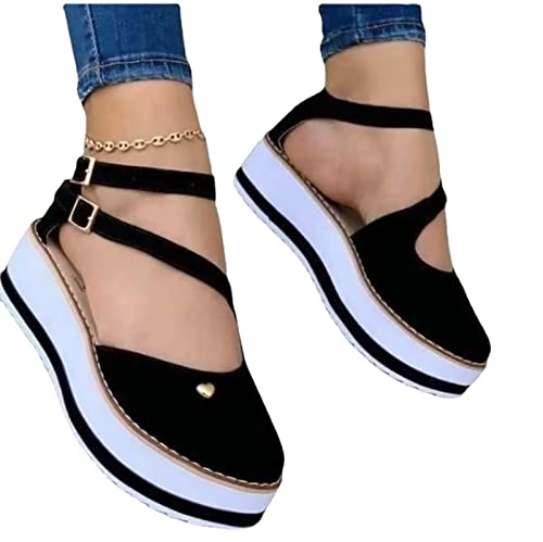 Recopilación de Zapatos de Dama de Moda los mejores 5. 48 XWCG Sandalias Plataforma Mujer Verano Sandalias Cuña Comodas Cuero Zapatos Cerradas Casual Zapatos de Playa Hebilla Zapatillas de Playa Sandalias,Black,US8.5/EU40
