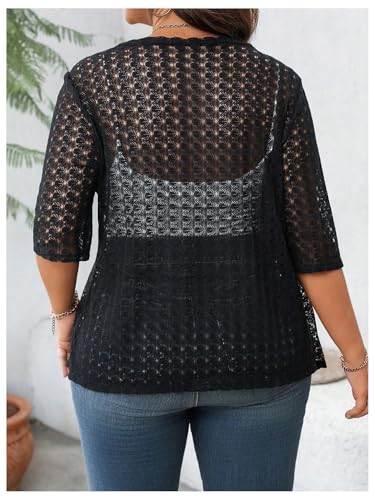 OYOANGLE Women's Plus Size Floral Lace Open Front Crochet Cardigans Short Sleeve Lightweight Loose Jackets2