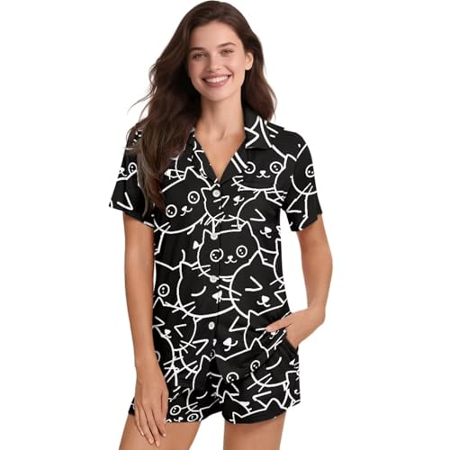 Image of Women's Short Sleeve Sleepwear Button 2 Piece Plus Size Pajamas Casual Soft Stretchy Funny Nightwear with Pockets
