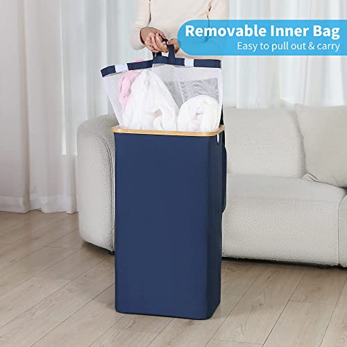 Efluky Large Laundry Hamper With Lid, 100L Tall Laundry Basket With Bamboo Handles For Clothes And Toys Storage, Freestanding Collapsible Laundry Hamper With Inner Bag For Bedroom And Bathroom, Blue #TOP3