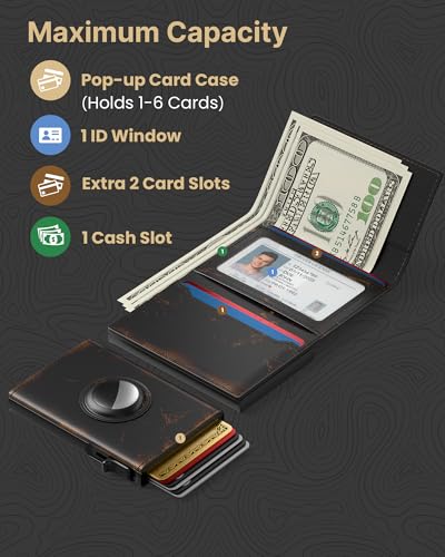 Image of typecase Mens Leather RFID Blocking Minimalist Slim Wallet for AirTag - Automatic Pop-Up Card Holder, ID Window, Cash Slot - Carbon Fiber