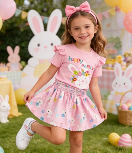 Image of Akyzic Little Girl Skirt Outfit Two Piece Spring Summer Outfit Butterfly Dress Cat Print Skirt Toddler Girl Outfit Set