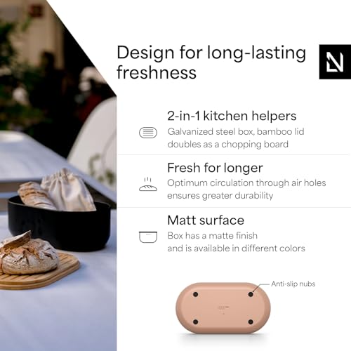 Image of LARS NYSOM Bread Box I Metal Box for long lasting freshness I Bread Bin with bamboo lid usable as cutting board I 13.8x7.7x5.3 In (Blush Rose)