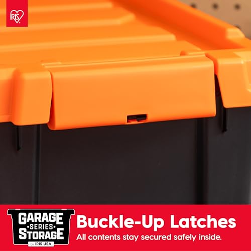 Image of IRIS USA 3 Gallon Lockable Storage Bins with Lids, 5 Pack - Made in USA, Heavy Duty, Stackable Containers, Garage Organizing Bins Moving Tubs, Rugged Sturdy Equipment Utility Box - Black /Orange