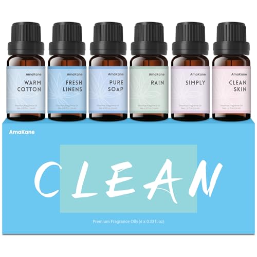 AmaKane Fragrance Oils Clean Set, 6 Premium Soap & Candle Making Scents, Essential Oils for Laundry, Fresh Linen, Clean Skin, Warm Cotton and More Aromatherapy Oils for Diffuser