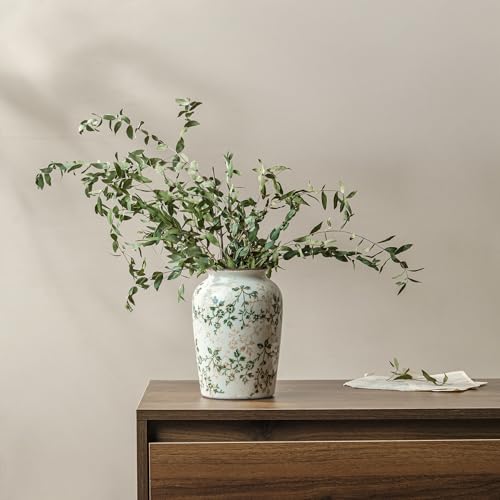 Image of Ceramic Flower Vase | Farmhouse Green Rustic Vase for Home Decor, Vintage Floral Pottery Tuscan Decorative Vase for Living Room & Kitchen, Mantel & Bookshelf, Centerpieces, Entryway, Wedding(7.8 Inch)