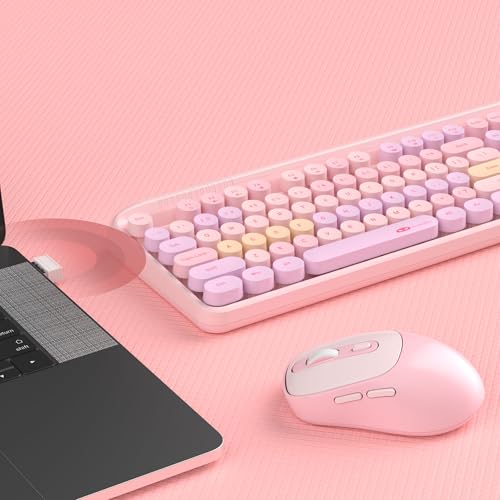 Image of Wireless Keyboard and Mouse Combo Round keycaps Retro Typewriter Keyboard 104 Key Full-Sized Keyboard Automatic Power Saving 2.4GHz Wireless Connection for Mac /Windows /PC