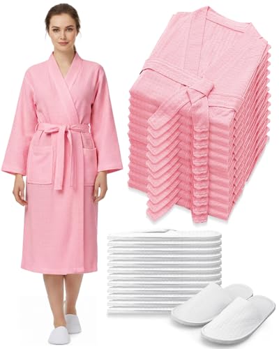 Image of Jecery Waffle Bathrobe and Slippers Bulk Set Spa Robes Hotel Bath Lightweight Thin Commercial Soft for House Shower Party