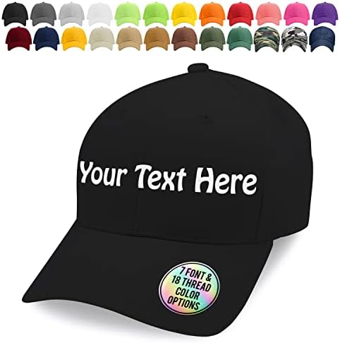 Custom Embroidered Baseball Cap for Men & Women - Your Text or Initials - 24 Cap Colors, 18 Thread Colors & 7 Fonts - Personalized Gifts for Him, Her - Black