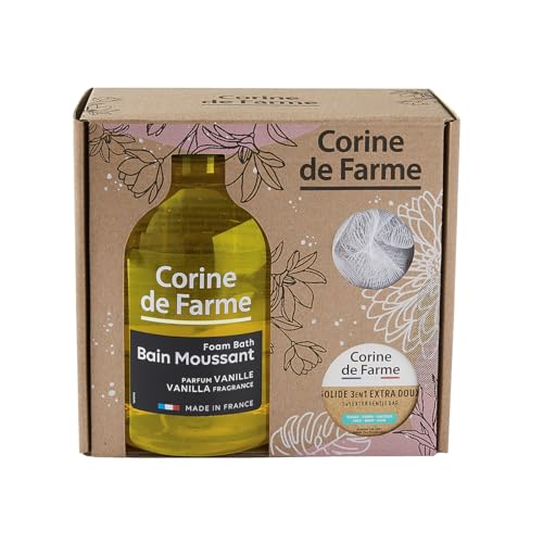 Corine de Farme - Coffret Bain Moussant Parfum Vanille - Bain Moussant Parfum Vanille 1L + 3en1 Solide 75g + 1 Fleur de douche - Made in France