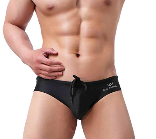 Classic Solid Color Nylon Low Waist Elastic Waistband Swim Trunk Briefs (Large / 30'', Black)2
