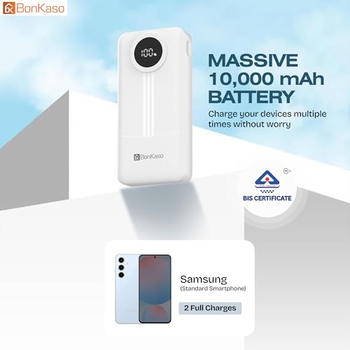 Image of BonKaso 10000mAh Power Bank 22.5W Fast Charging PD, Built-in 2-in-1 Type-C & Lightning Cable, Digital Display, Dual USB Output, Compact Portable Charger for iPhone, Android, Tablets - White