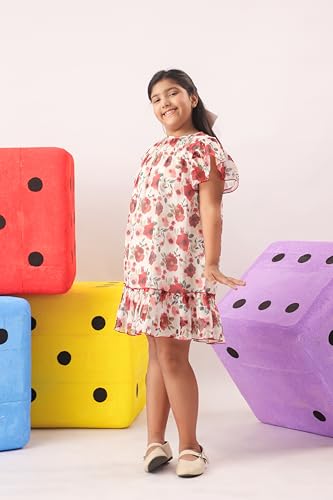 Image of Kids Girls Printed Embroidered Fusion Dress | Handmade Crafted Designer Ethnic Wear | 100% Cotton
