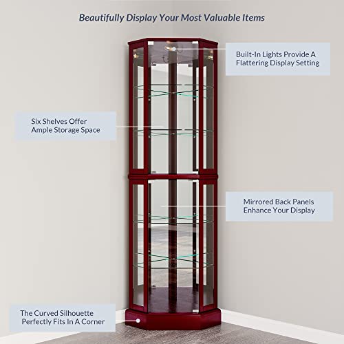 Image of BELLEZE Lighted Corner Display Curio Cabinet Wooden Curved Shelving Unit with Tempered Glass Door, Bar and Liquor Storage Area with 6 Shelves - Ashfield (Cherry)
