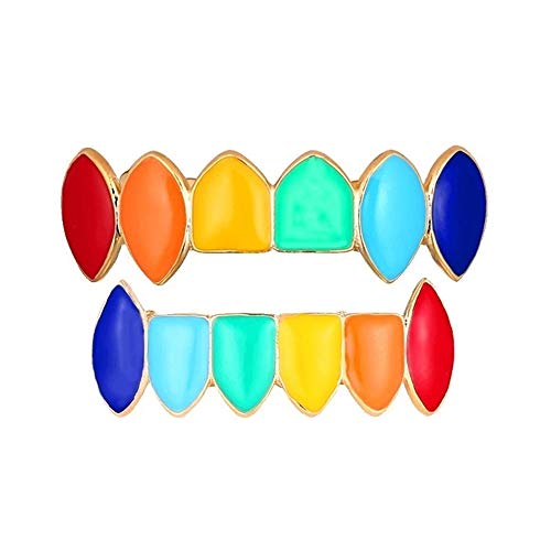 Exteren Rainbow Hip Hop Teeth Top Bottom Tooth Grill Set Copper Tooth Cap Jewelry Teeth Denture Teeth Partials (Gold)