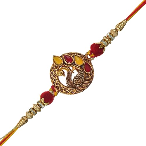 Image of eCraftIndia Peacock Rakhi for Brother Bhaiya Bhai with Best Bro Ever Fridge Magnet | Roli Chawal Pack