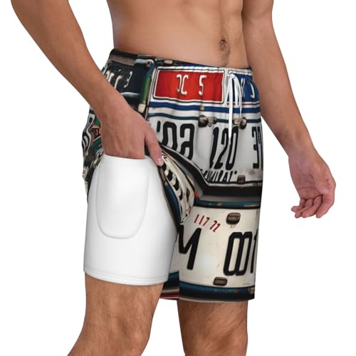 Old License Plate Print Mens Swim Shorts Trunks Inseam Compression Liner Quick Dry Zipper Pocket White3
