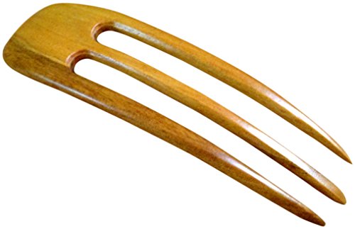 JWL (1) Yellow Teak Wood Three Prong Curved 4.5 Inch Hair Stick Pick Pic Pin Fork