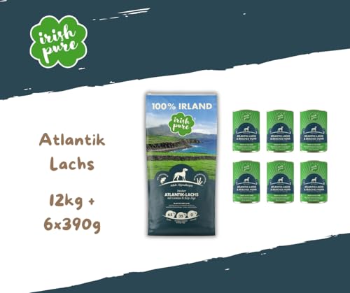 Irish Pure Atlantik Lachs Adult - Hundefutter - 12kg + 6x390g - getreidefreies Trockenfutter & Nassfutter – hypoallergen mit Kelp-Alge & Gemüse – Single Protein – natürlich & sensibel - Sparpaket