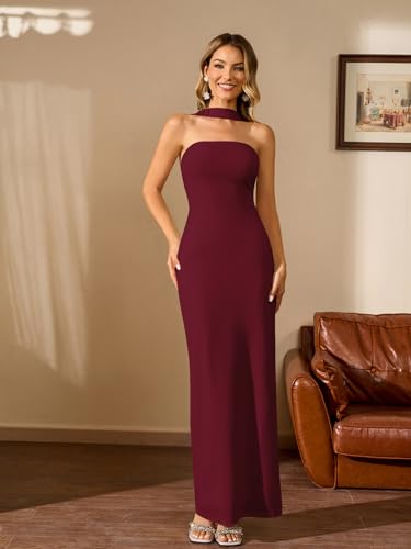 Image of HTZMO Women Elegant Summer Bodycon Maxi Dress Halter Neck Formal Wedding Guest Cocktail Party Long Dresses