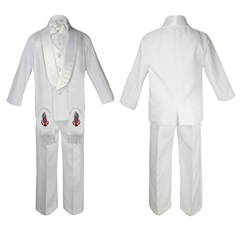 Image of Baby Boy Christening White Shawl Lapel Suit Silver Virgin Mary on Stole SM-20